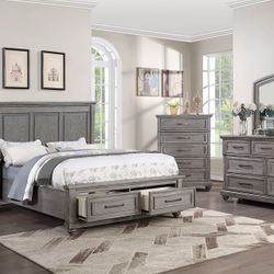 Brand New Super Elegant Gray Wood Queen Bedroom Set W Storage 