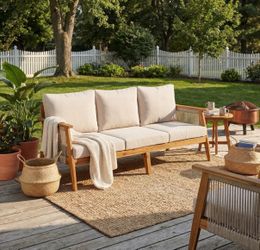 New 3 Seater Outdoor Patio Sofa Teak with Woven Rope Armrests and Cushion, 1 available.
