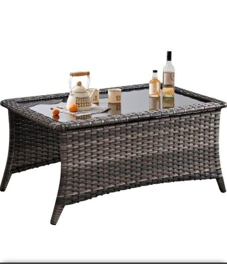 Patio Coffee Table Outdoor Rectangular Glass Table, Handwoven Rattan Patio Furniture Grey Wicker Cof