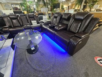 BRAND NEW BROWN SYNTHETIC LEATHER FIRM CUSHIONED POWER RECLINING LED SOFA + LOVESEAT WITH CUP HOLDERS, WIRELESS CHARGING, ARM STORAGE, BLUETOOTH SPEAK