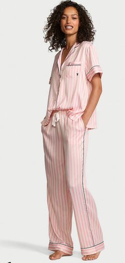 Victoria’s Secret Glazed Satin Short Sleeve Long Pajama Set Pink Iconic Stripe