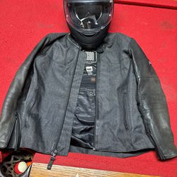 Icon helmet and leather jacket