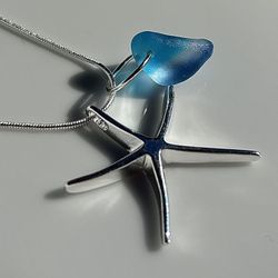Blue Sea Glass Sterling Silver Starfish Necklace 
