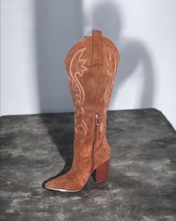 Tan Suede Knee-High Western Cowboy Boot