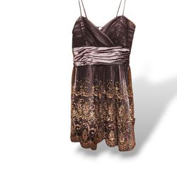 Morgan & Co Brown Mocha Party Dress Satin With Pink & Gold Glitter NWT $112 SZ 3/4