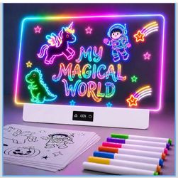 16" LED Drawing Board for Kids Birthday Gift for Girls, White 8 Colors 3 Dynamic Modes, Rechargeable 15H Battery Display, Glow Light Up Note Board Toy