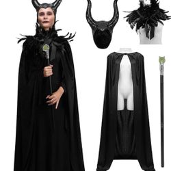 Women Evil Queen Costume Witch Black Horns Feather Cape Shawl Staff Velvet Robe Halloween Cosplay Costume for Adults