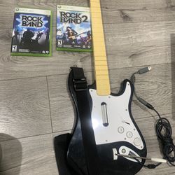 Wired Guitar Controller With Strap And Two Rockband Games For Xbox 360