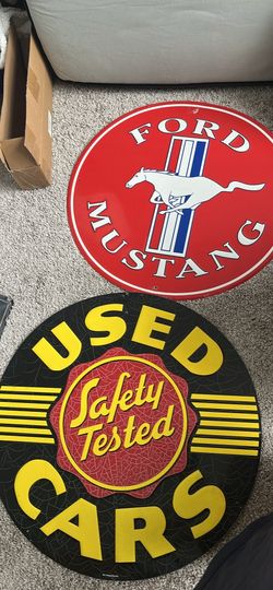 Ford Mustang and used car metal poster circular