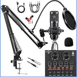 Podcast Equipment Bundle, with BM800 Podcast Microphone and V8 Sound Card, Voice Changer - Audio Interface -Perfect for Recording, Singing, Streaming 