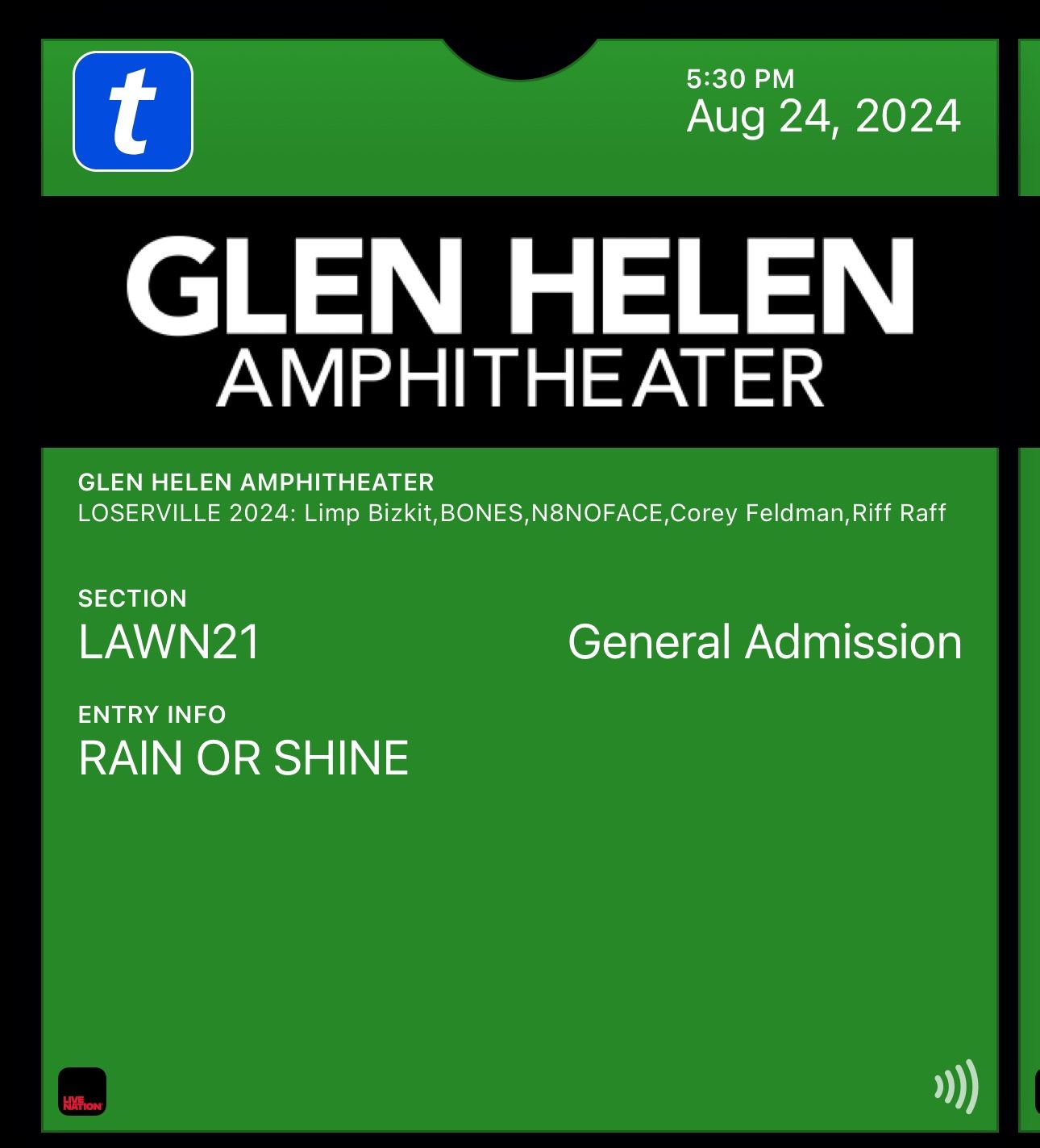 2x Limp Bizkit (Loserville) Lawn Tickets (Tonight!)