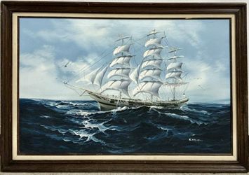 Vintage Sailing Ship Original Acrylic Painting • Signed by K MASKELL 41.5”x 29.5”