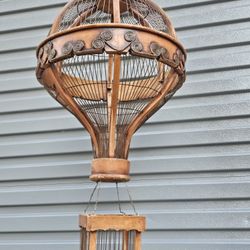 VINTAGE CARVED WOOD HOT AIR BALLOON BIRD CAGE 31"