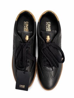 Cavalli Class Men’s Black Leather Sneakers EU 43 US 10 Gold Accents Gum Sole NWB
