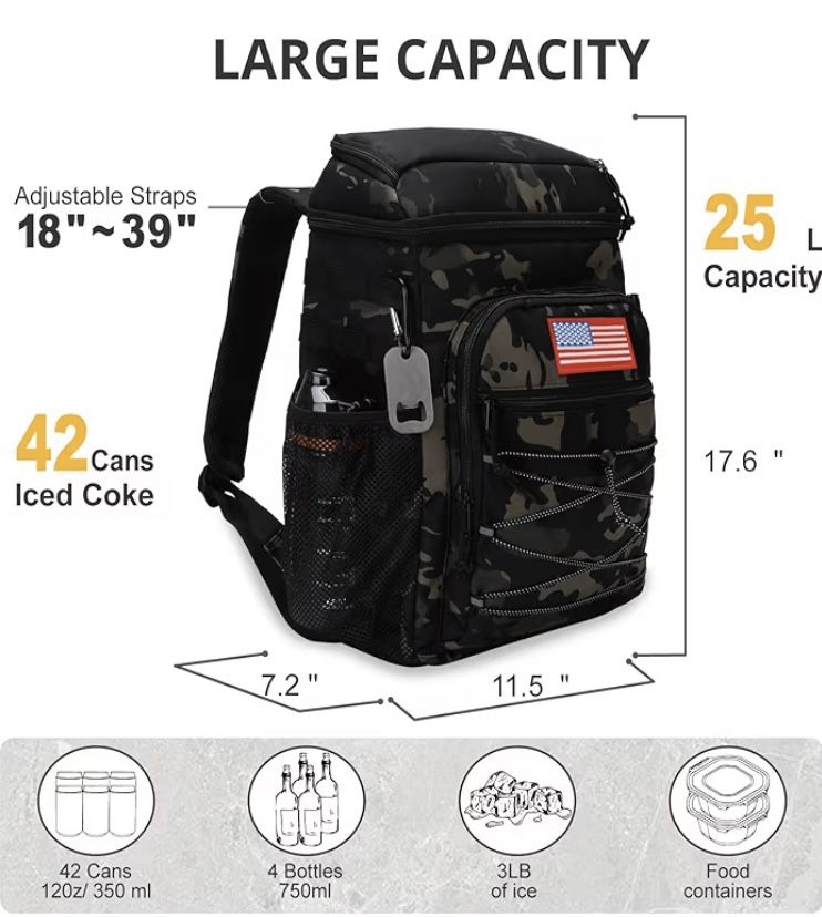 Tactical Backpack Cooler, 25L Cooler Backpack Insulated Leak-Proof, Heavy Duty Large Lunch Backpack, Waterproof Ice Chest Backpack for Men Women Adult