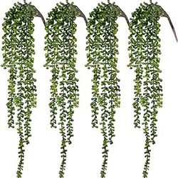 4pcs Artificial Succulents Hanging Plants Fake String of Pearls Fake Leaves for Indoor Decoration Outdoor Garden Greenery Decor