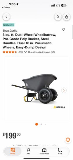 Gorilla 8 cu. ft. Dual-Wheel Wheelbarrow, Pro-Grade Poly Bucket, Steel Handles, Dual 16 in. Pneumatic Wheels, Easy-Dump Design