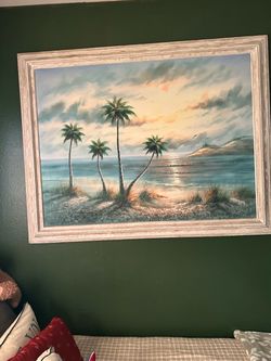 Framed Tropical Beach Sunset Oil Painting