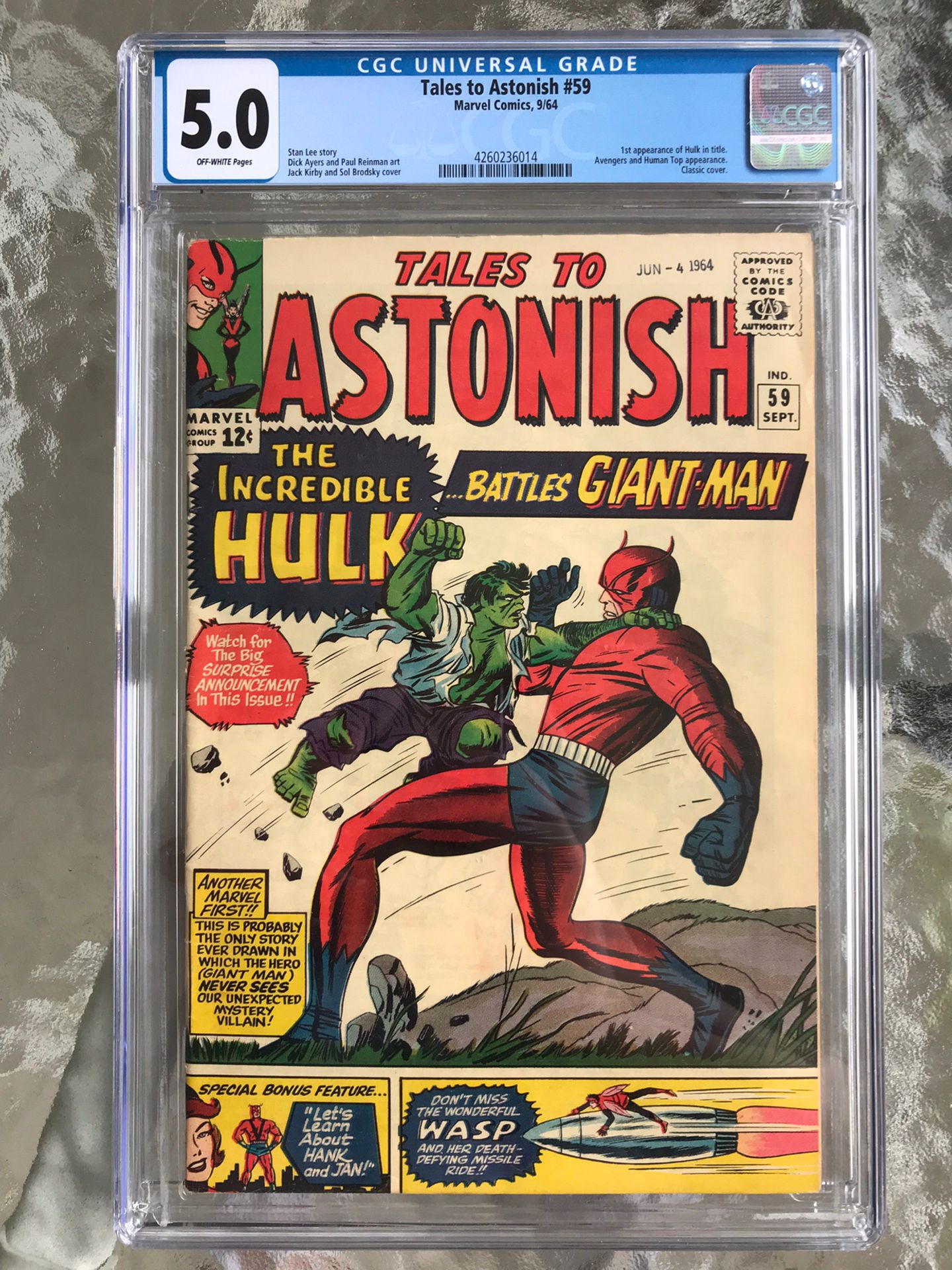 Tales to Astonish #59 (1964) CGC 5.0  - 1st Appearance of the Hulk in Title 