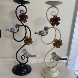 Homeview Design Vintage Metal Bird Candle Holders Set of 2 Floral Scroll 18.5”