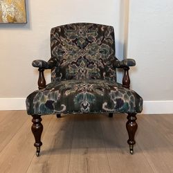Louis XVI Style Oversized Green Armchair w/ Caster Wheels and Nailhead Pins