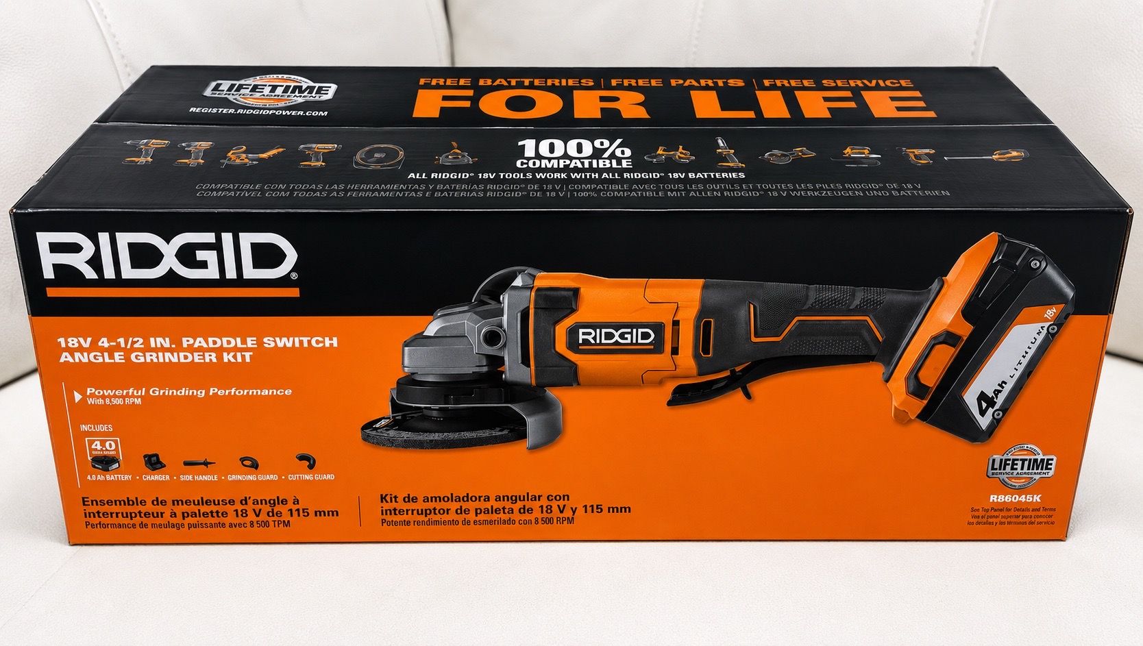 New in box RIDGID 18V Cordless 4-1/2 In. Angle Grinder Kit + 4.0 Ah Battery & Charger