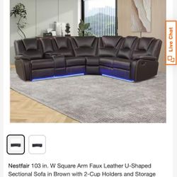 Nestfair 103 in. W Square Arm Faux Leather U-Shaped Sectional Sofa in Brown with 2-Cup Holders and
