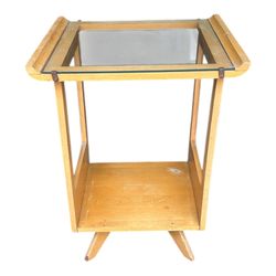 Midcentury Blonde Side Stand / Nightstand w/ Glass Top