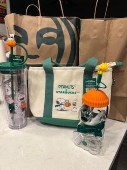 Snoopy Starbucks cup, tote and tumbler