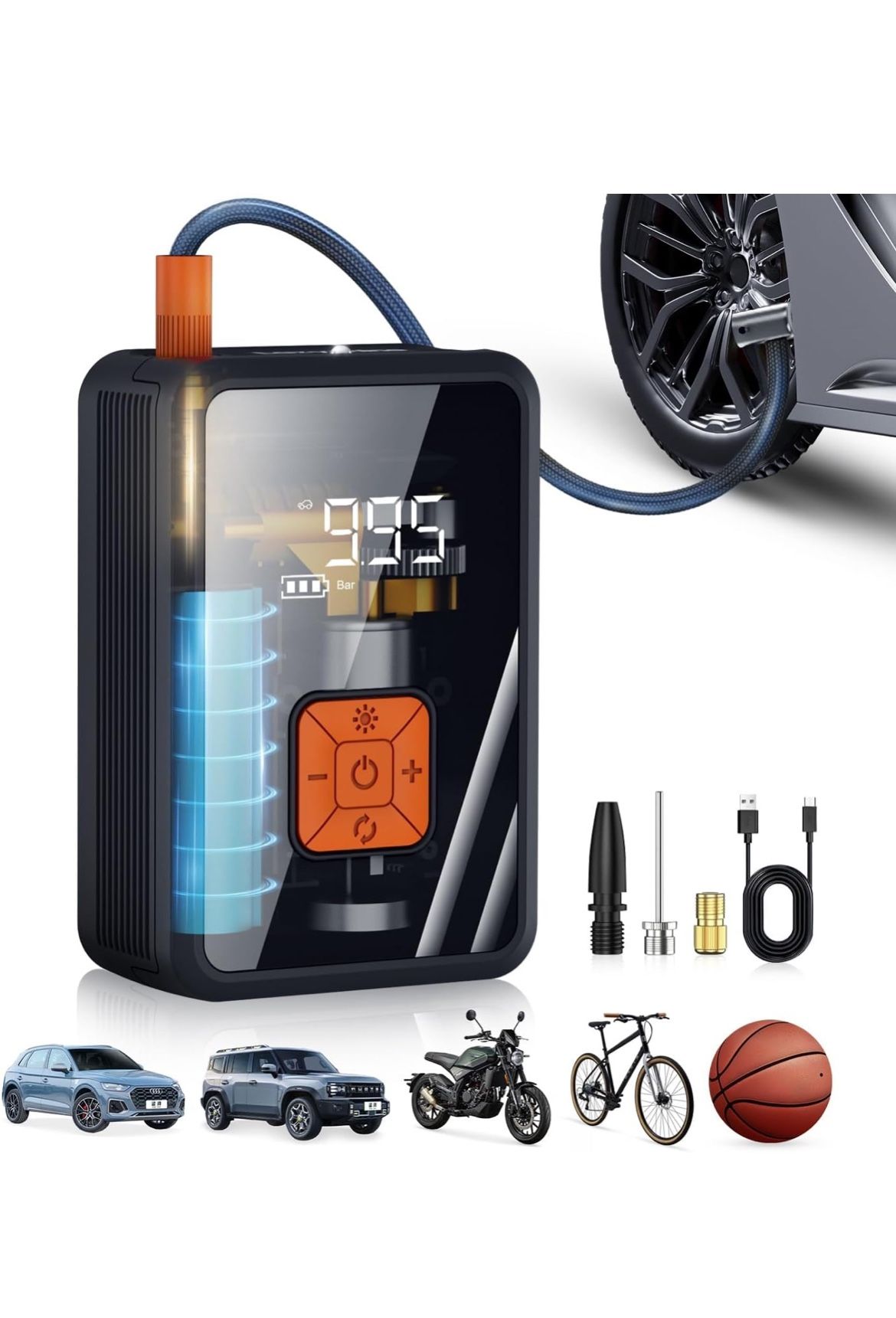 Portable Air Pump for Car Tires, 150 PSI Tire Inflator Cordless with LED Light, Rechargeable Auto Shut-off Air Compressor 2X Fast Inflation Tire Pumps