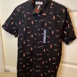 Black GameStop short-sleeved button-up shirt with a rocket pattern