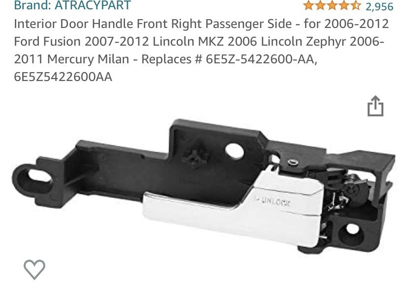 Interior Door Handle Front Right Passenger Side - for 2006-2012 Ford Fusion 2007-2012 Lincoln MKZ 2006 Lincoln Zephyr 2006-2011 Mercury Milan - Replac