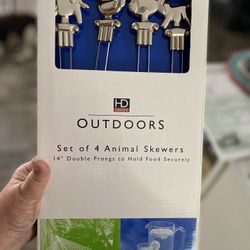 NEW Fantastic Stainless Steel Double Prong Skewers with animals - cow pig chicken and fish - kabobs
