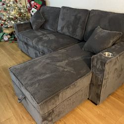 New Corduroy Sectional W Pullout Bed / Storage Chaise.  89x34x36 High.  Free Delivery!