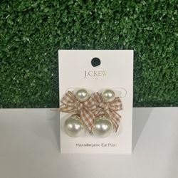 J Crew Brown Checkered Bow Pearl Earrings NWT Brand New