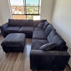 BRAND NEW BLACK CORDUROY SECTIONAL SOFA COUCH WITH OTTOMAN