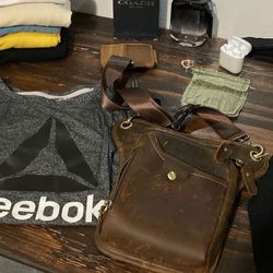 Mens Coach Cologne With Box, Satin Leather Wallet, Earbuds, SilverRingFull Grain Leather Satchel, Black/ Leather Backpack, Clothes, Glass, Army Pouch 