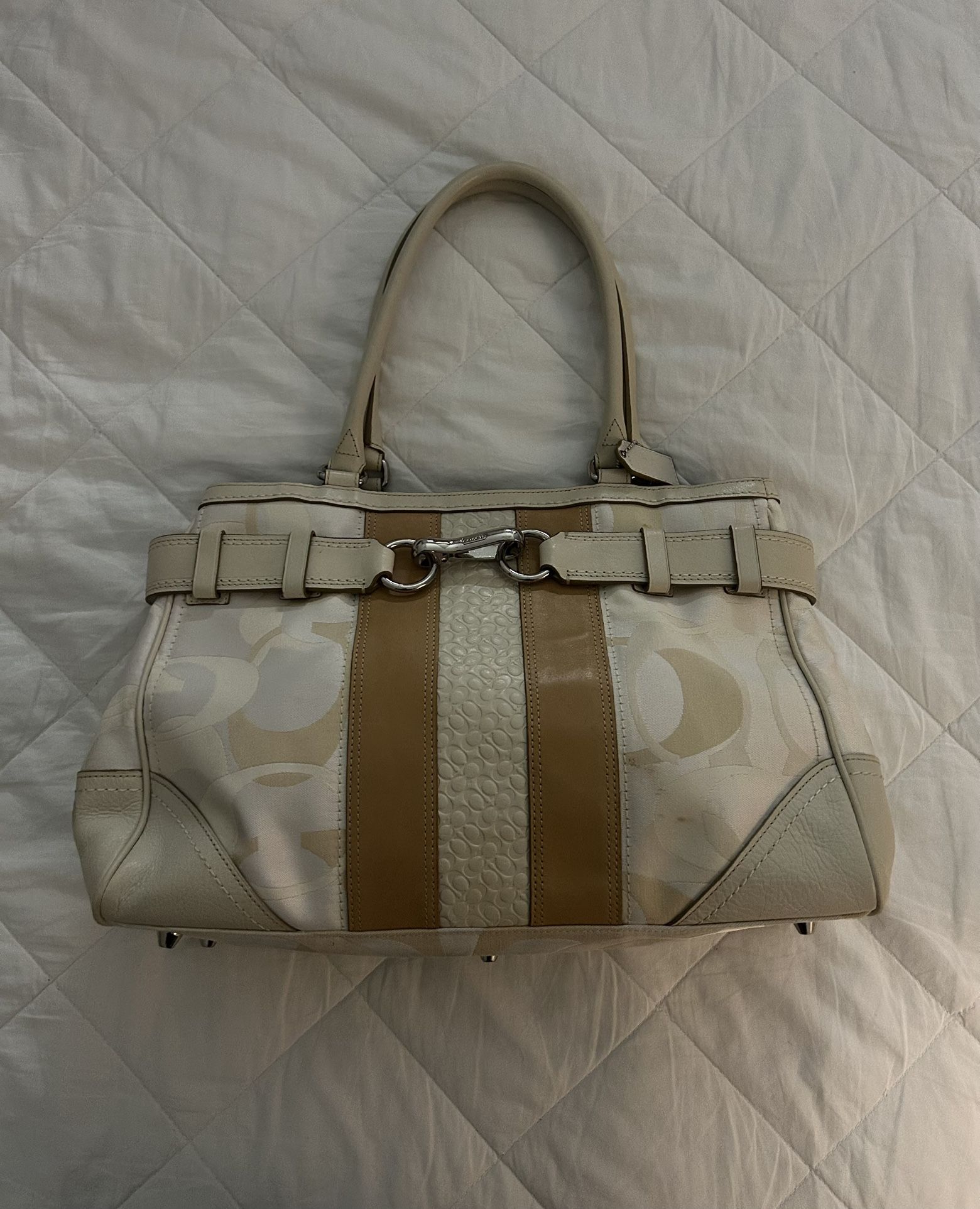 Coach Gallery Tote F13338 Beige Jacquard & Leather Trim Shoulder...