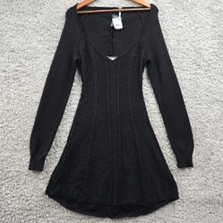 Free People Dress Women Large Black Small World Sweaterdress Mini Skater Stretch 