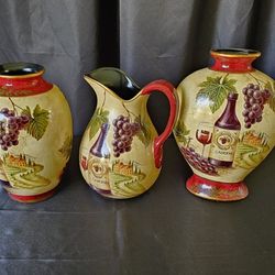 Vintage Hand-Painted Italian Ceramic Pitcher & Matching Vases – 3pc Set
