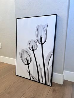 36x24 Large Floating Framed Black and White Tulip Floral Canvas Artwork