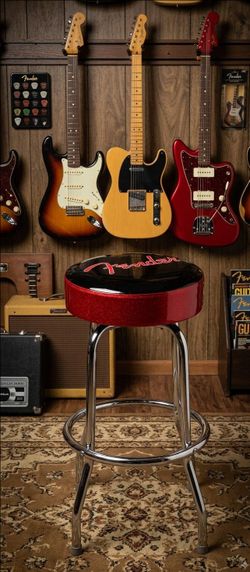 Fender Guitar Round Bar Counter Swivel Stool Black & Red Vinyl Chrome (Open Box / Unassembled)
