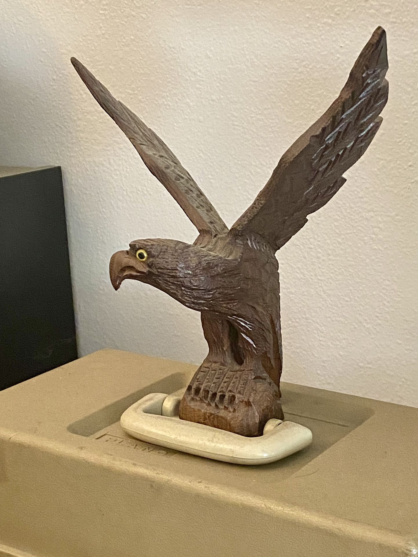 Handcarved Wooden American Bald Eagle With Beautiful Yellow Glass Eyes.