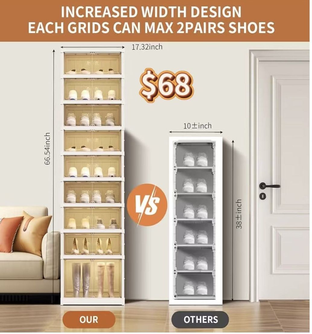 😀 9-Tier Foldable Shoe Rack Organizer for Closet 18Pairs Plastic Shoe Shelf Collapsible Shoes Storage Box Clear Shoe Boxes Stackable with Door