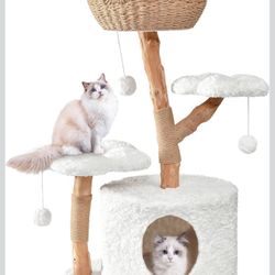 New-Easyego Modern Cat Tree, Aesthetic Wood Cat Tree Tower for Large Cats, Luxury Cat Condo with Scratching Posts and Flower Platforms, Cat Furniture 