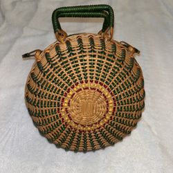 Vintage Rattan And Plastic Round Basket Purse Beautiful Colors 