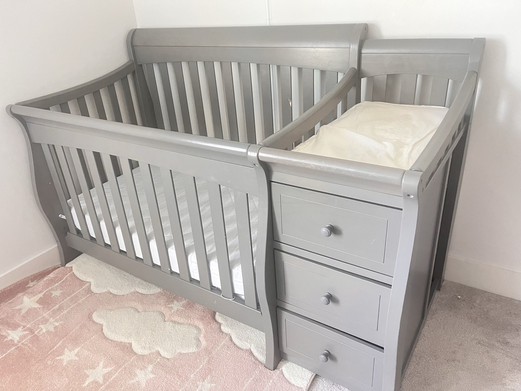 Gray Baby Crib With Changing Table And Chest