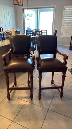 Pair of Leather Bar Stools with Arms