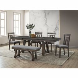GREY 6 PC DINING TABLE WITH CHAIRS AND BENCH