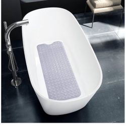 Extra Long Non-Slip Bath Mat with Drain Holes and Suction Cups, 39 x 16 Inch Mat for Bathtub and Shower, Machine Washable White